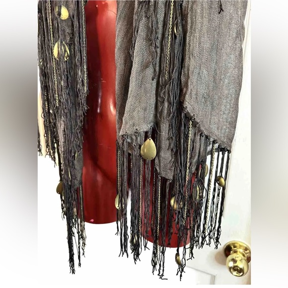 NWT ECHO 100% LINEN DARK BROWN FRINGE METAL BOHO SCARF - SQUARE - 43"X43" NEW - Picture 3 of 12